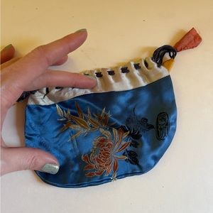 Vintage silk blue small cosmetic bag clutch 6” Pouch